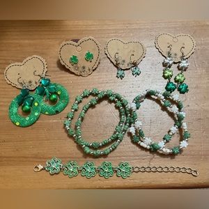 A bundle/set of St.Patrick’s Day pieced earrings and silver/beads bracelets.